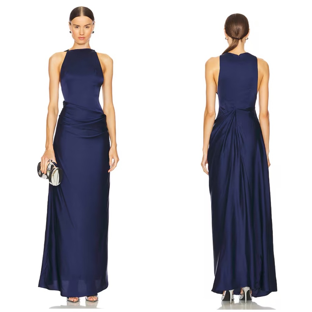 New NWT Ceren Ocak Satin Maxi Formal Cocktail Dress in Navy Blue